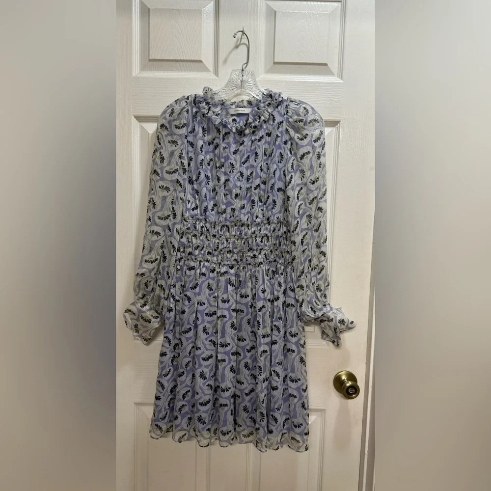 Rebecca Taylor Deco Floral Print Long Sheer Sleeve Silk Dress Purple Size 4 Read - Picture 2 of 14